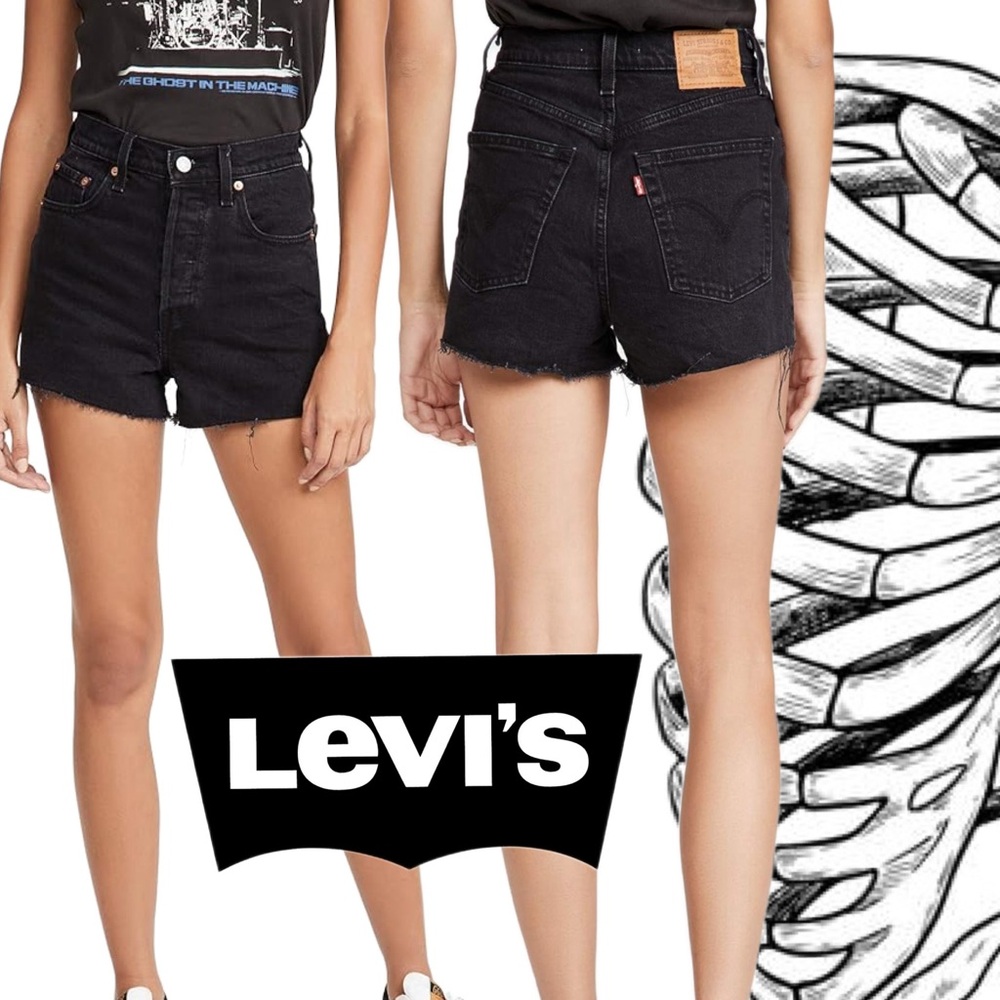 LEVI’S Ribcage Shorts Black Premium Denim Button Fly Raw Hem sz 32